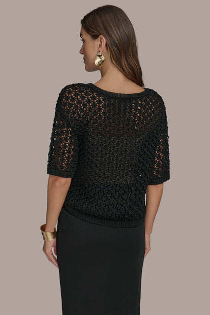 OPEN STITCH CREW NECK TOP - Black