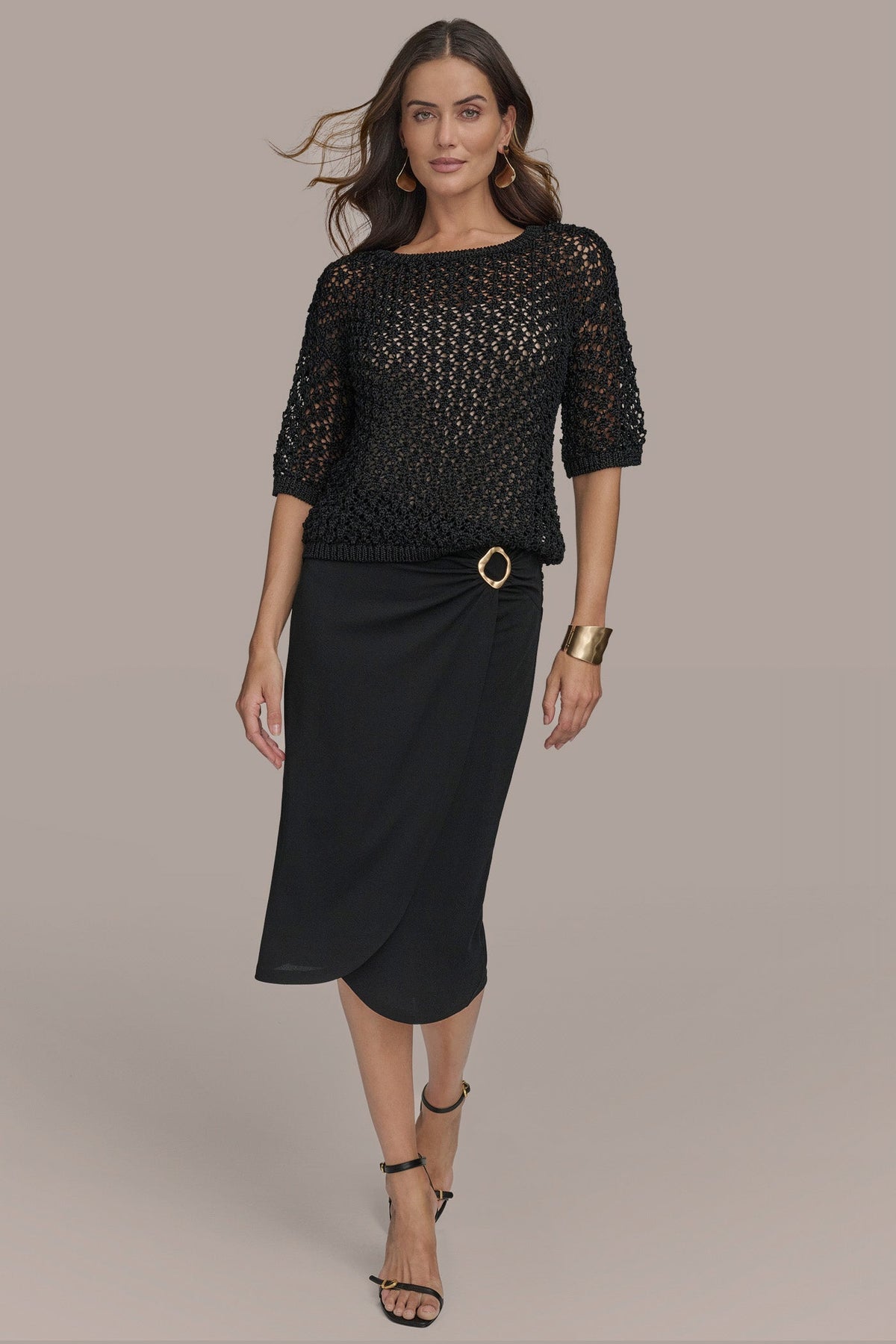 OPEN STITCH CREW NECK TOP - Black