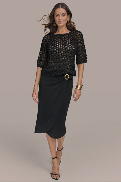 OPEN STITCH CREW NECK TOP - Black