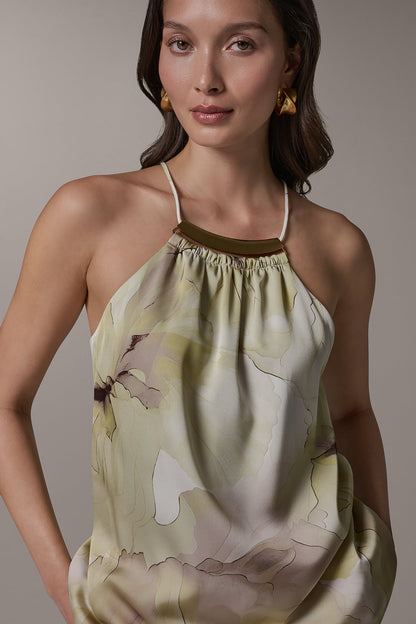 SLEEVELESS FLORAL HALTER TOP - Citrus Green Combo