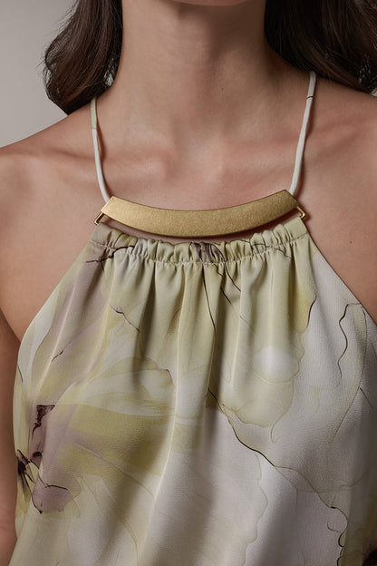 SLEEVELESS FLORAL HALTER TOP - Citrus Green Combo