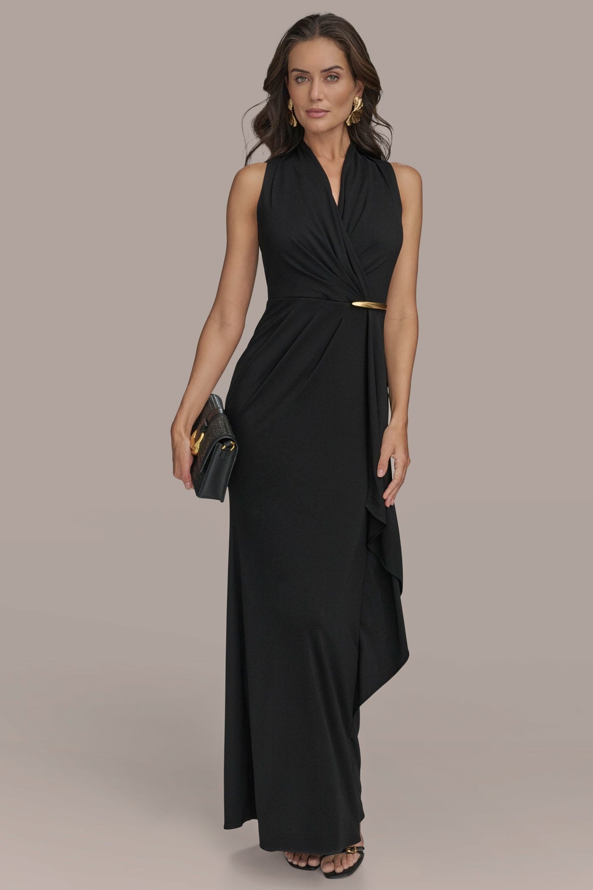 SLEEVELESS WRAP RUFFLE MAXI GOWN - Black