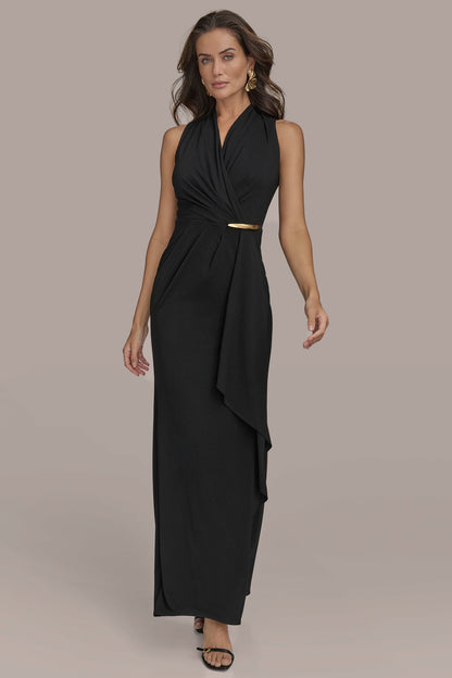 SLEEVELESS WRAP RUFFLE MAXI GOWN - Black