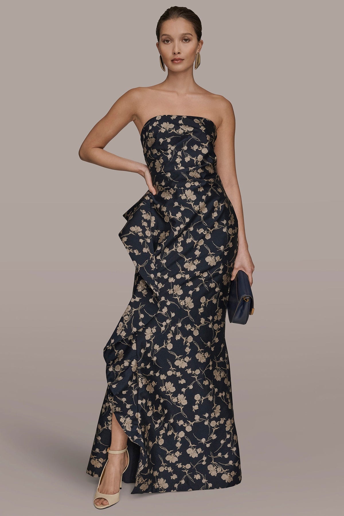 STRAPLESS FLORAL RUFFLED HIGH-SPLIT GOWN - NIGHTFALL/VELLUM MULTI