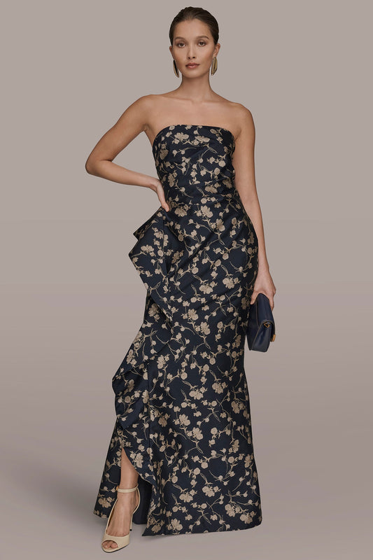 STRAPLESS FLORAL RUFFLED HIGH-SPLIT GOWN - NIGHTFALL/VELLUM MULTI