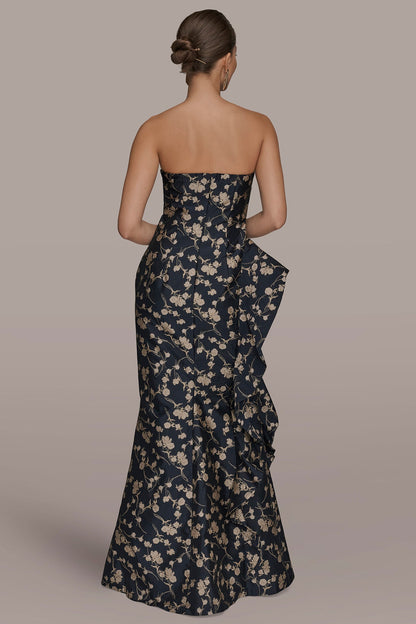 STRAPLESS FLORAL RUFFLED HIGH-SPLIT GOWN - NIGHTFALL/VELLUM MULTI
