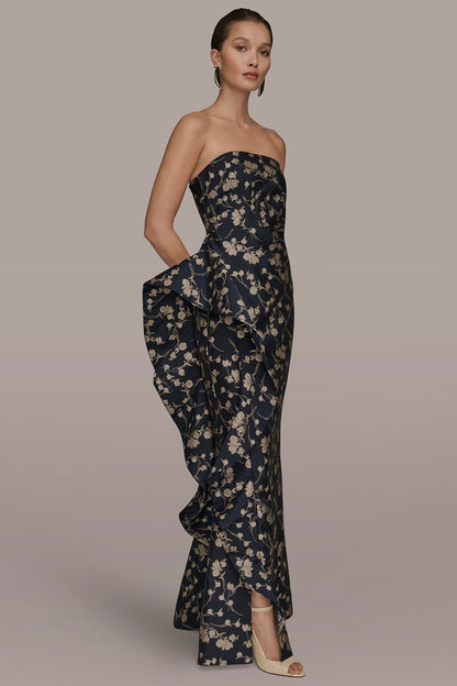 STRAPLESS FLORAL RUFFLED HIGH-SPLIT GOWN - NIGHTFALL/VELLUM MULTI