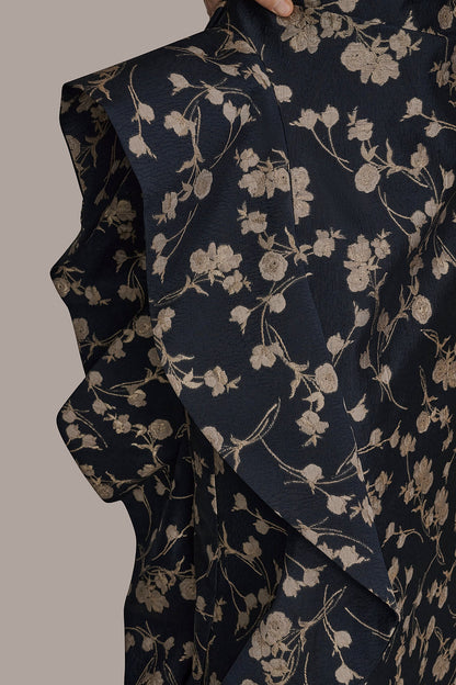 STRAPLESS FLORAL RUFFLED HIGH-SPLIT GOWN - NIGHTFALL/VELLUM MULTI