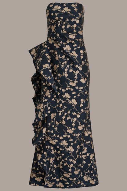 STRAPLESS FLORAL RUFFLED HIGH-SPLIT GOWN - NIGHTFALL/VELLUM MULTI