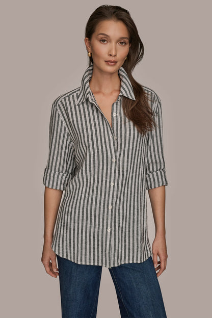 LINEN-BLEND STRIPED SHIRT - THICK WHITE/BLACK STRIPE