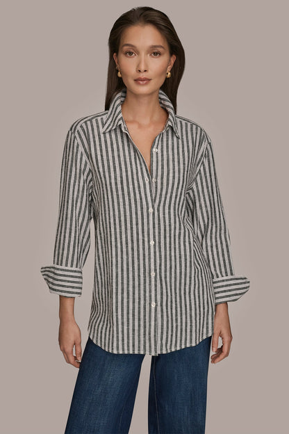 LINEN-BLEND STRIPED SHIRT - THICK WHITE/BLACK STRIPE