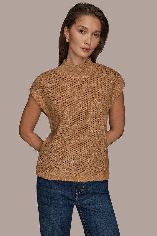 SLEEVELESS MOCK-NECK OPEN STITCH SWEATER - FAWN