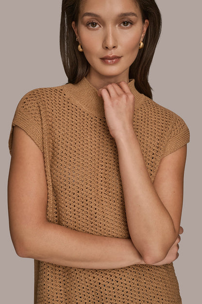SLEEVELESS MOCK-NECK OPEN STITCH SWEATER - FAWN