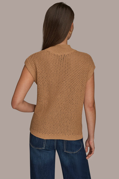 SLEEVELESS MOCK-NECK OPEN STITCH SWEATER - FAWN
