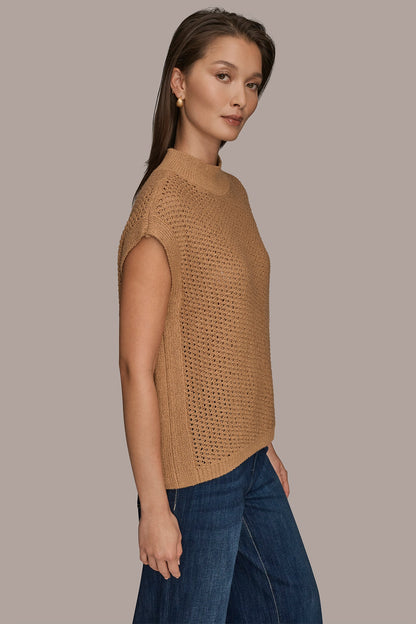 SLEEVELESS MOCK-NECK OPEN STITCH SWEATER - FAWN