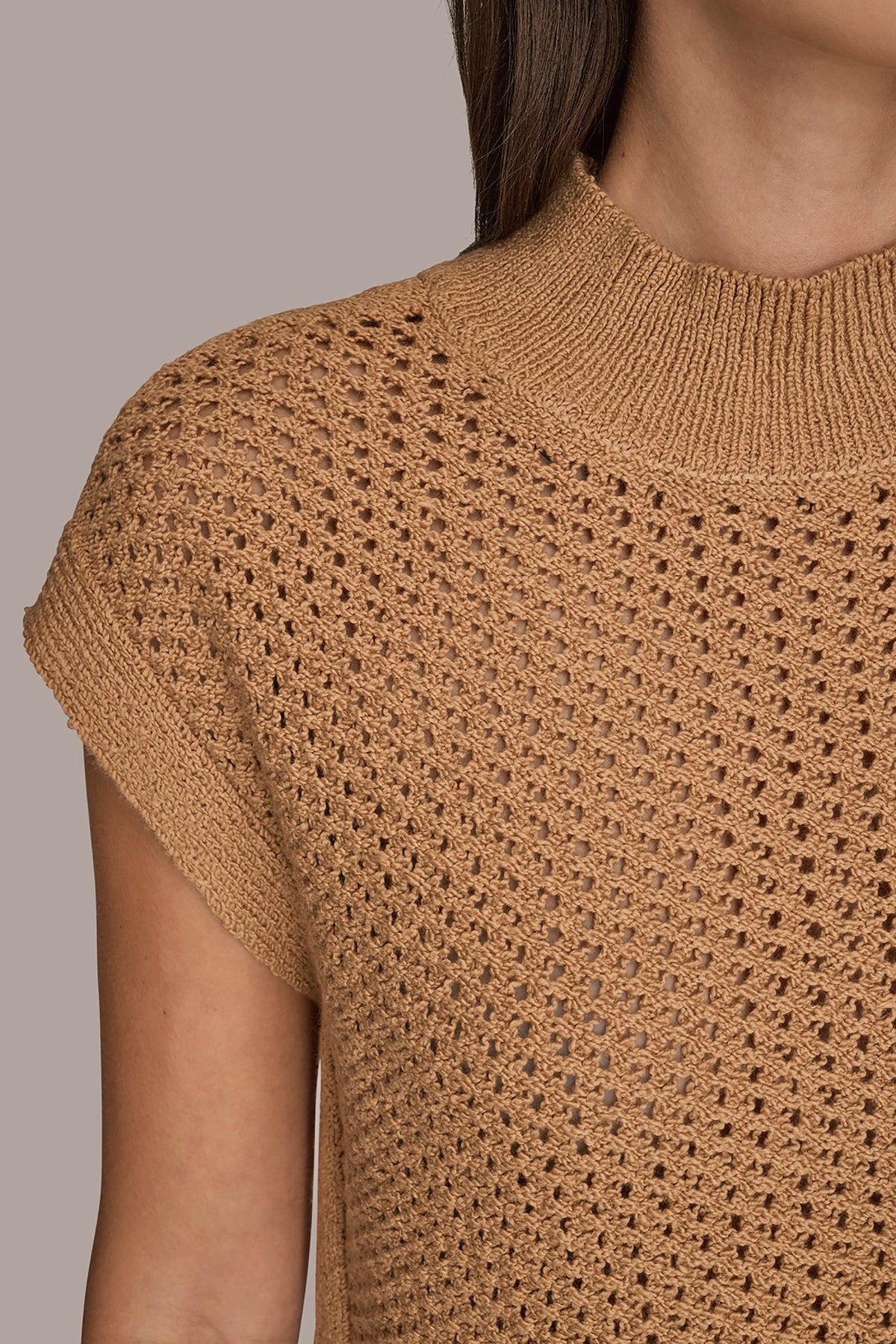 SLEEVELESS MOCK-NECK OPEN STITCH SWEATER - FAWN