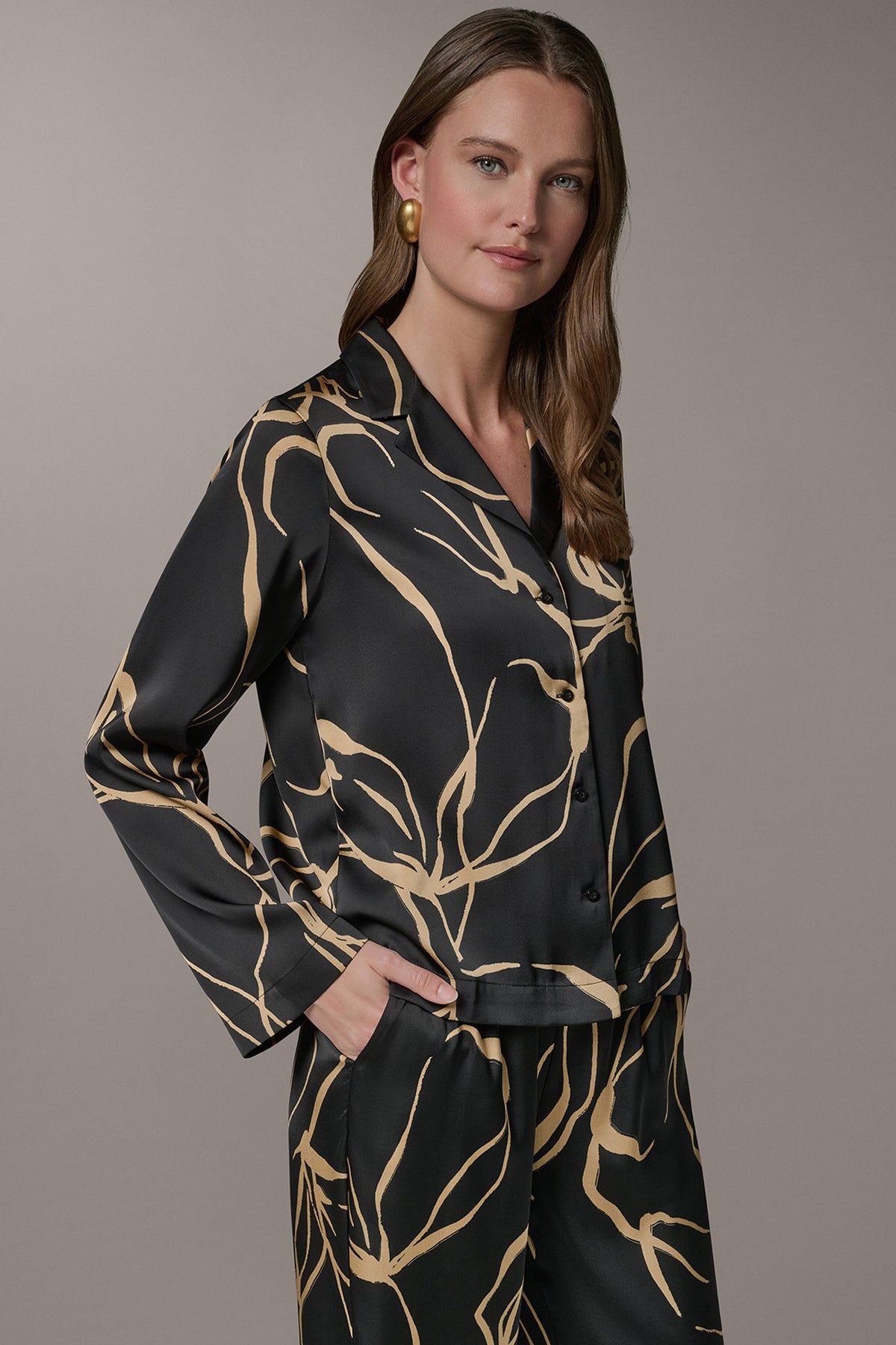 LONG SLEEVE PRINT BLOUSE - Black /Fawn