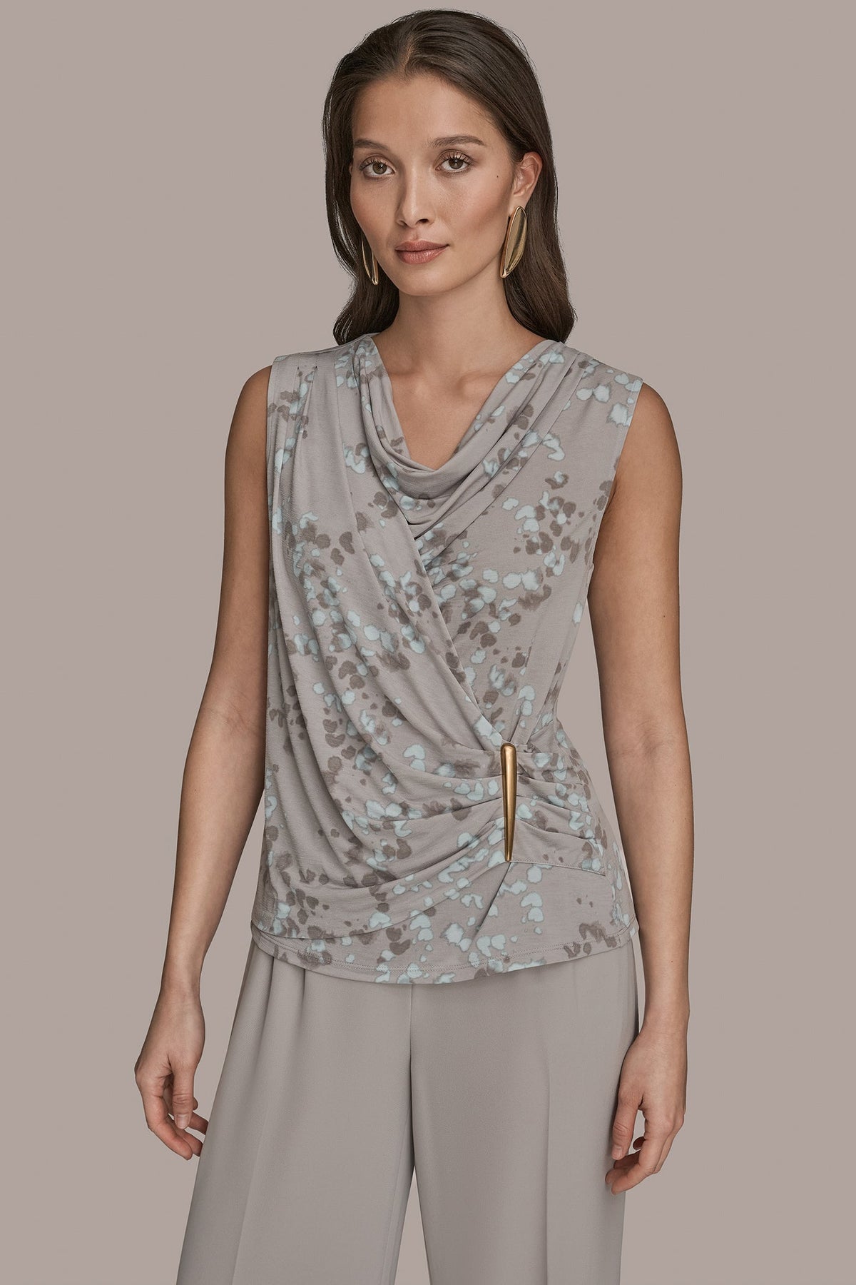 PRINTED SLEEVELESS COWL-NECK WRAP TOP - MIST MULTI