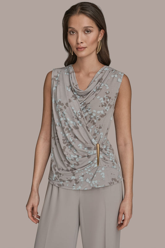 PRINTED SLEEVELESS COWL-NECK WRAP TOP - MIST MULTI