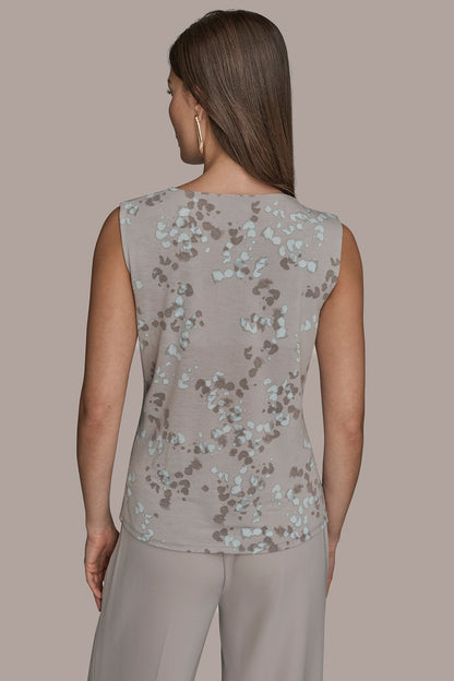 PRINTED SLEEVELESS COWL-NECK WRAP TOP - MIST MULTI