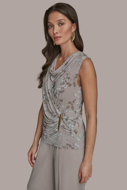 PRINTED SLEEVELESS COWL-NECK WRAP TOP - MIST MULTI