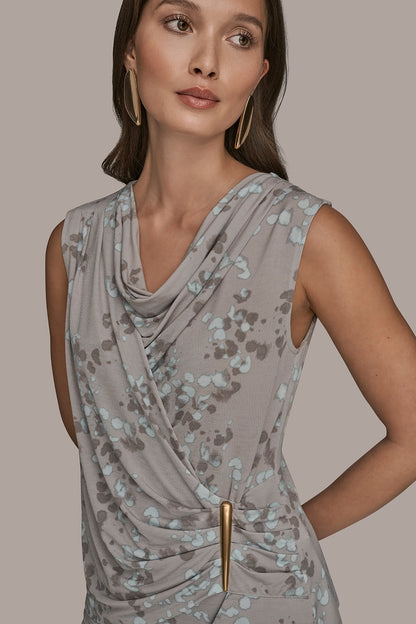 PRINTED SLEEVELESS COWL-NECK WRAP TOP - MIST MULTI