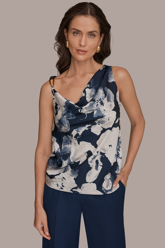 SATIN FLORAL COWL-NECK CUTOUT SHOULDER CAMI - Nightfall Multi