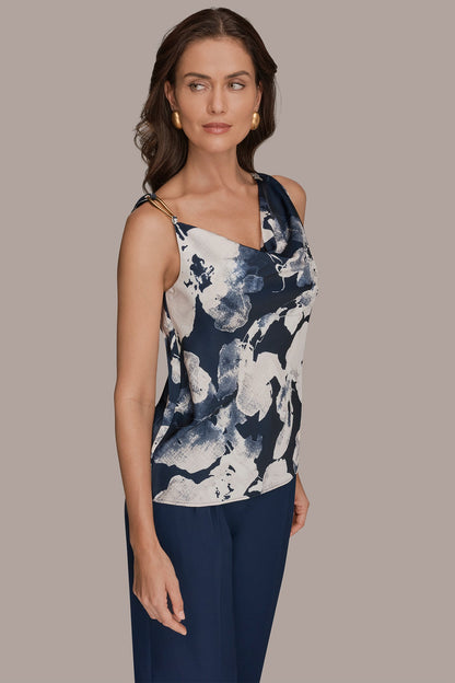 SATIN FLORAL COWL-NECK CUTOUT SHOULDER CAMI - Nightfall Multi