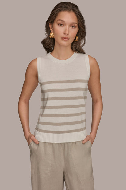 COTTON AND CASHMERE SLEEVELESS STRIPED SWEATER - Cream/Tuscan Grey