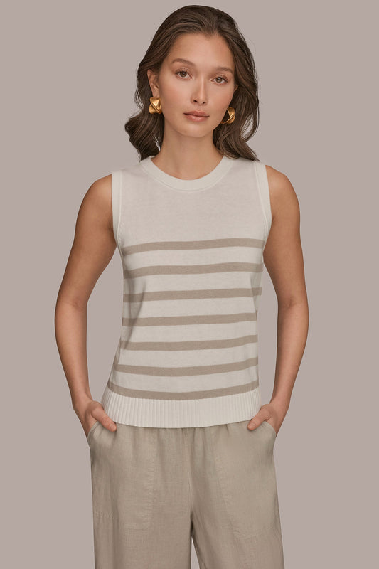 COTTON AND CASHMERE SLEEVELESS STRIPED SWEATER - Cream/Tuscan Grey