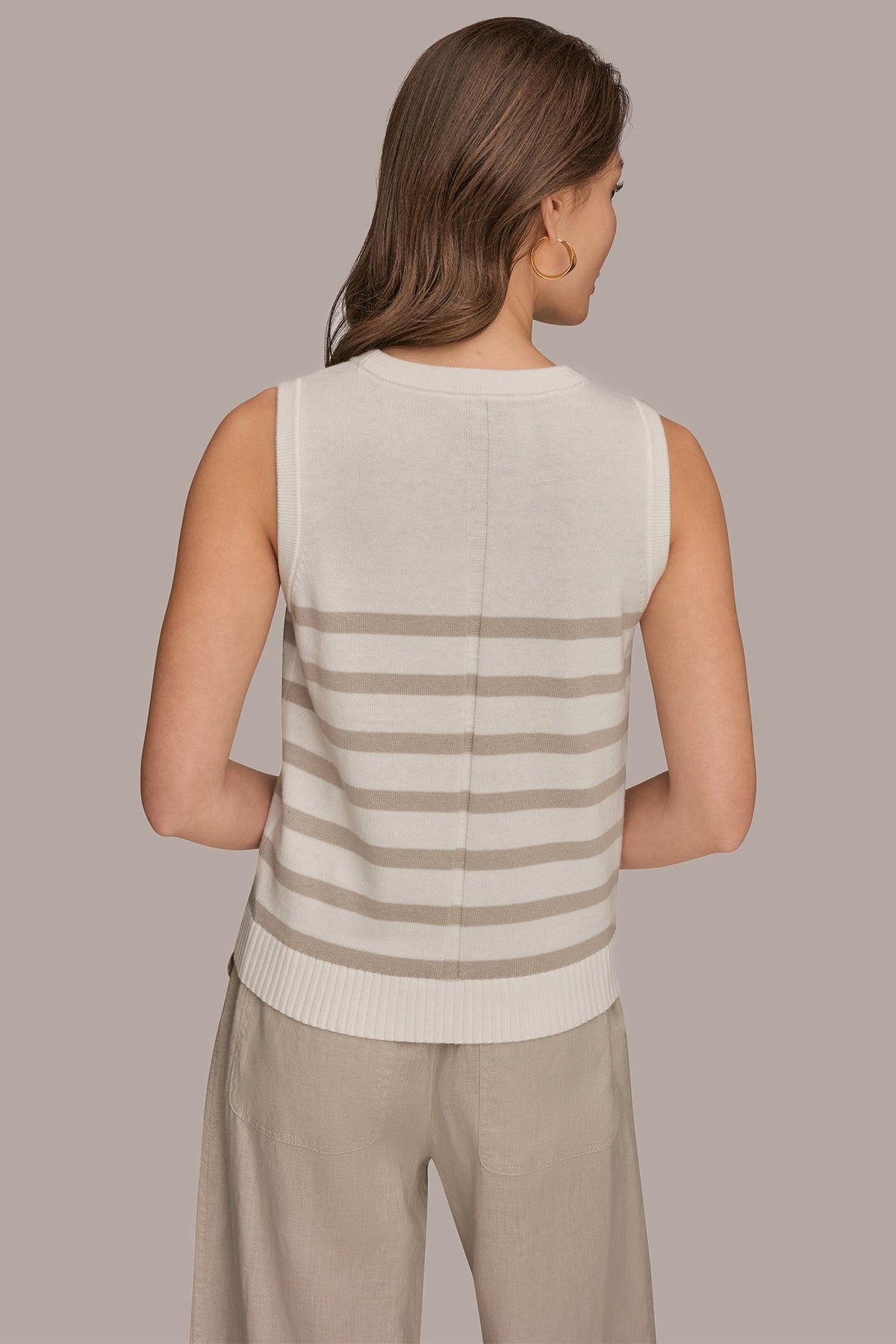 COTTON AND CASHMERE SLEEVELESS STRIPED SWEATER - Cream/Tuscan Grey