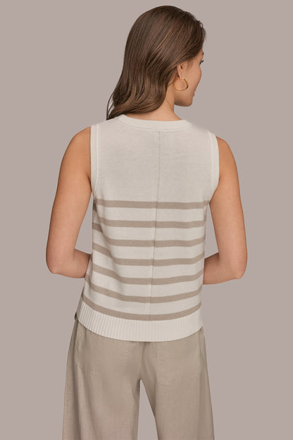 COTTON AND CASHMERE SLEEVELESS STRIPED SWEATER - Cream/Tuscan Grey