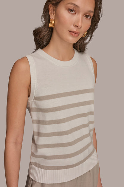COTTON AND CASHMERE SLEEVELESS STRIPED SWEATER - Cream/Tuscan Grey