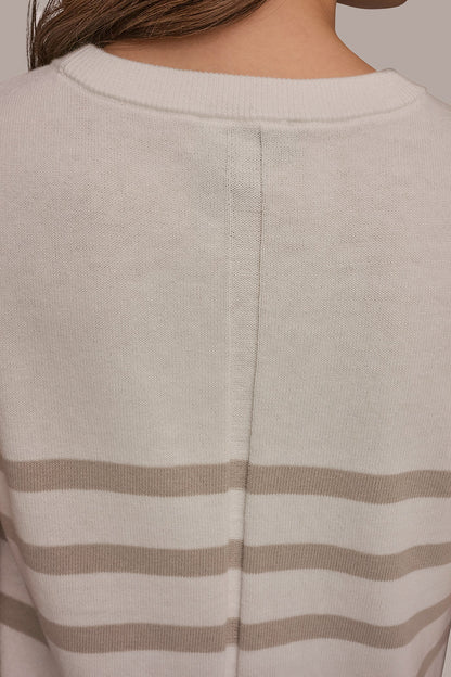 COTTON AND CASHMERE SLEEVELESS STRIPED SWEATER - Cream/Tuscan Grey