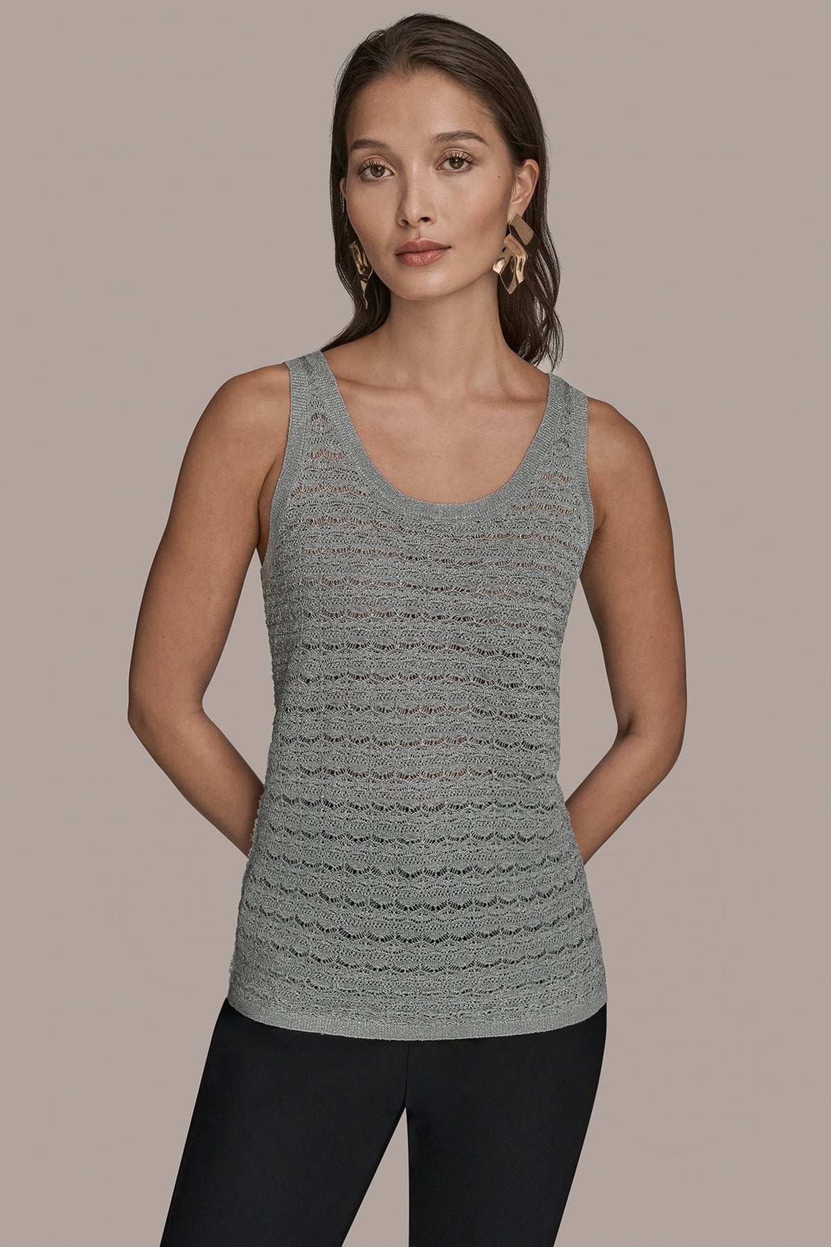 SLEEVELESS SCOOP-NECK POINTELLE SHELL SWEATER - VAPOR