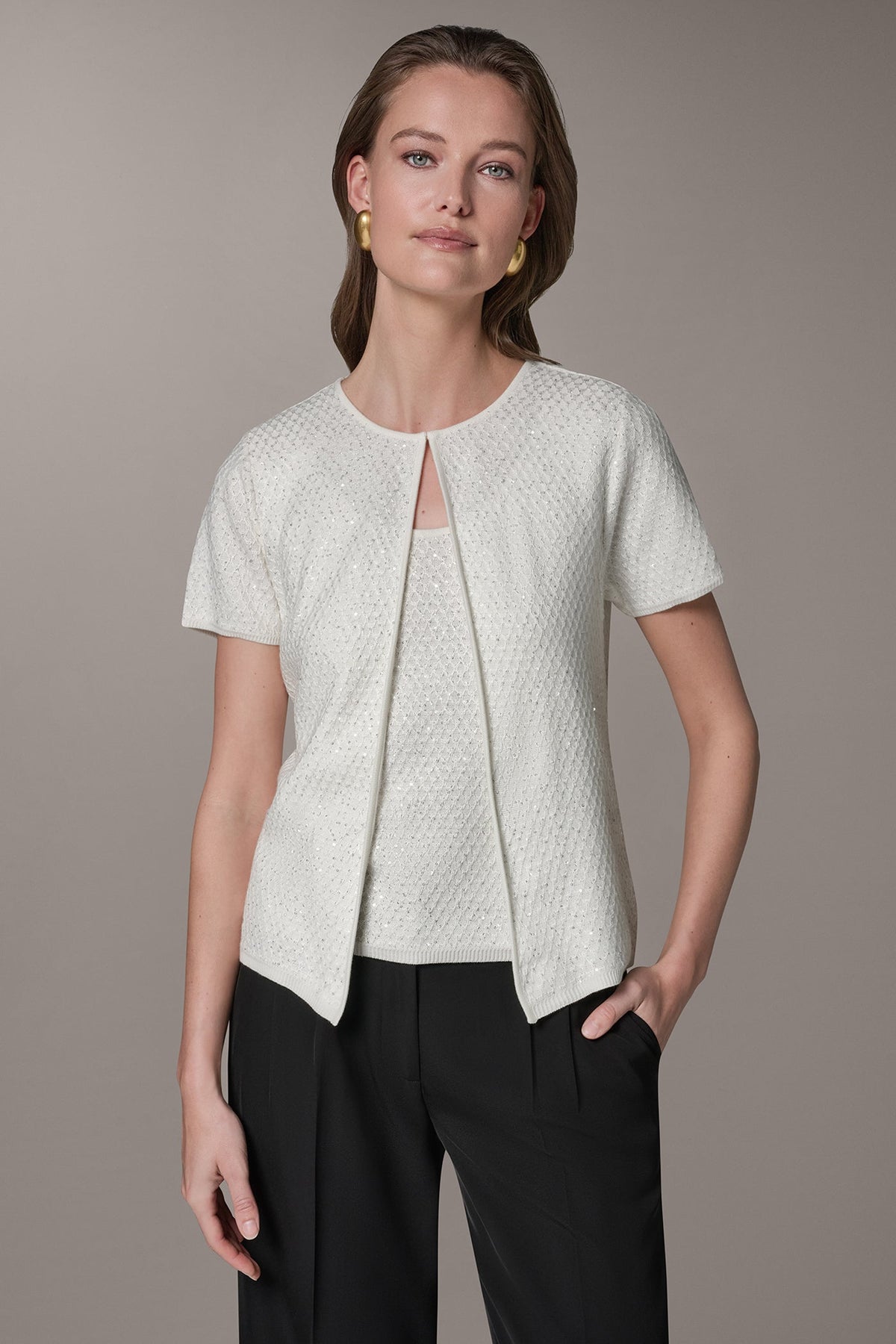 SHORT SLEEVE SEQUIN CARDIGAN - Cream