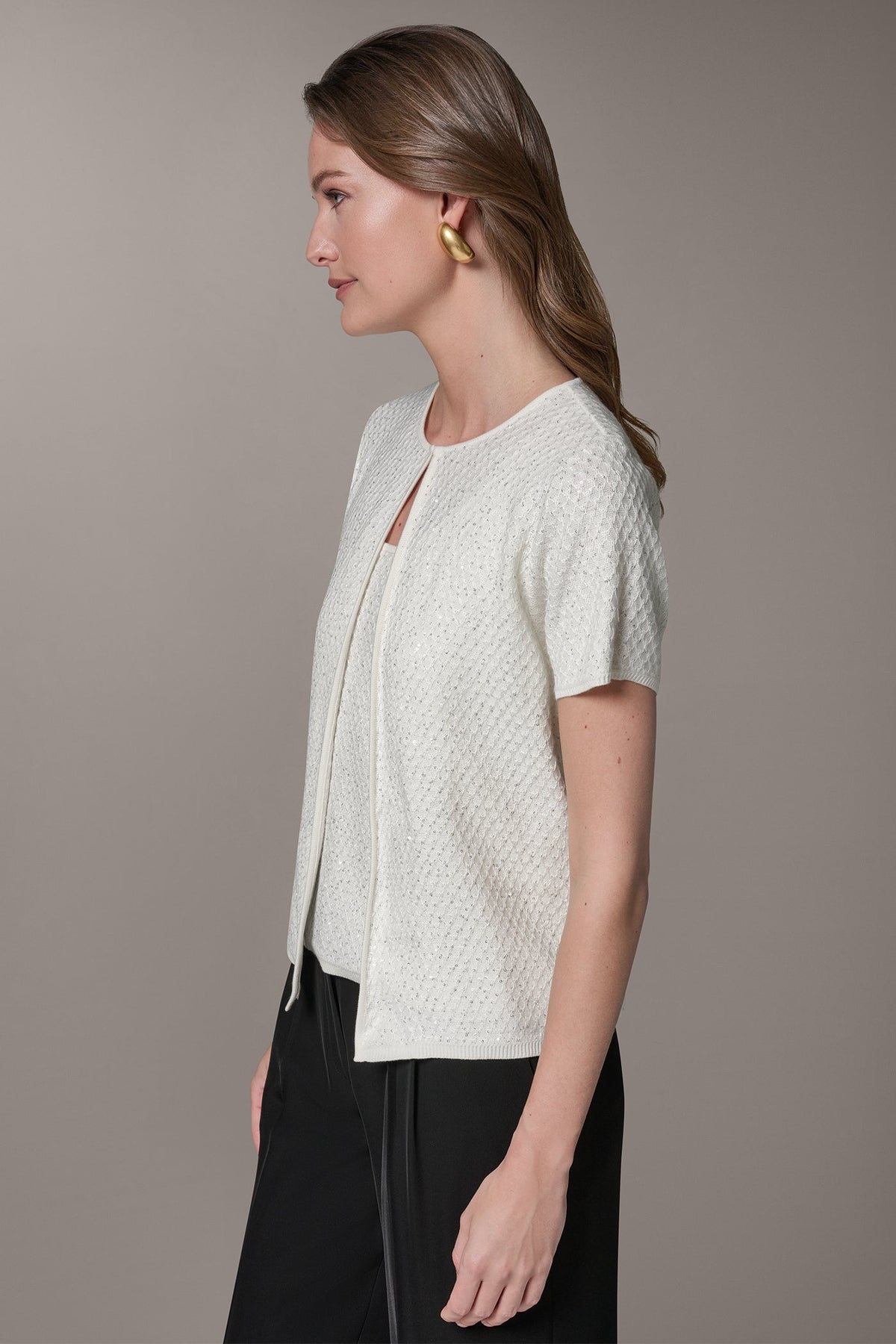 SHORT SLEEVE SEQUIN CARDIGAN - Cream