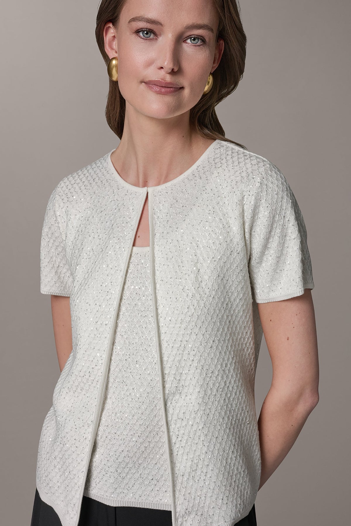 SHORT SLEEVE SEQUIN CARDIGAN - Cream