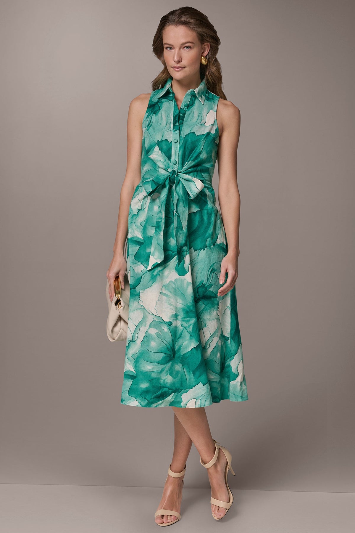 LINEN-BLEND FLORAL MIDI SHIRT DRESS - Lawn Multi