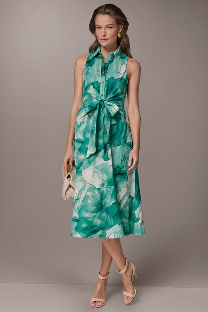 LINEN-BLEND FLORAL MIDI SHIRT DRESS - Lawn Multi