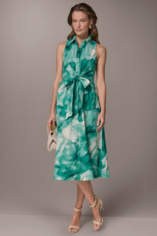 LINEN-BLEND FLORAL MIDI SHIRT DRESS - Lawn Multi