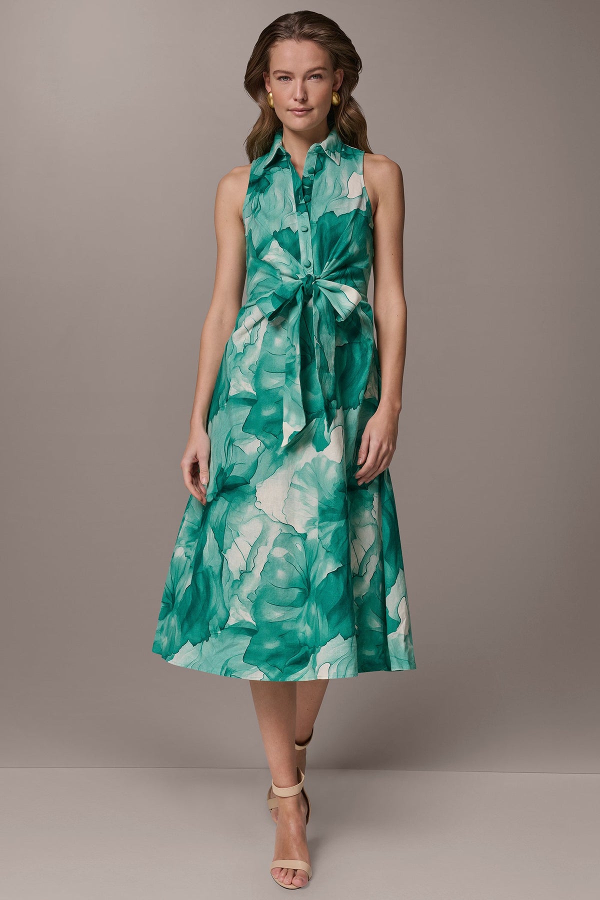 LINEN-BLEND FLORAL MIDI SHIRT DRESS - Lawn Multi