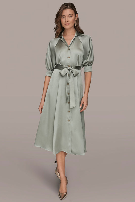 SATIN MIDI SHIRT DRESS - WEATHERED SAGE