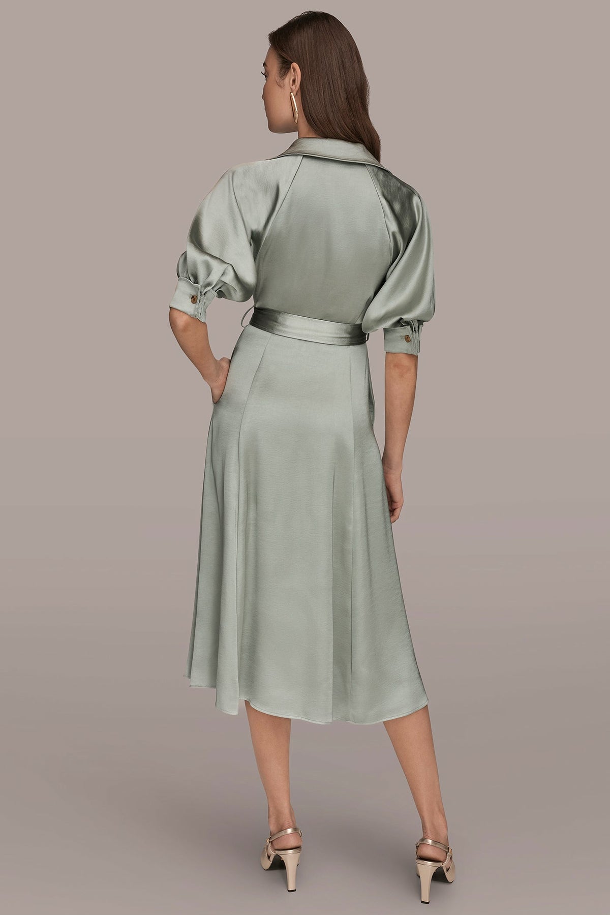 SATIN MIDI SHIRT DRESS - WEATHERED SAGE