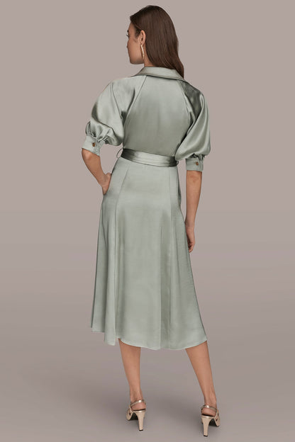 SATIN MIDI SHIRT DRESS - WEATHERED SAGE