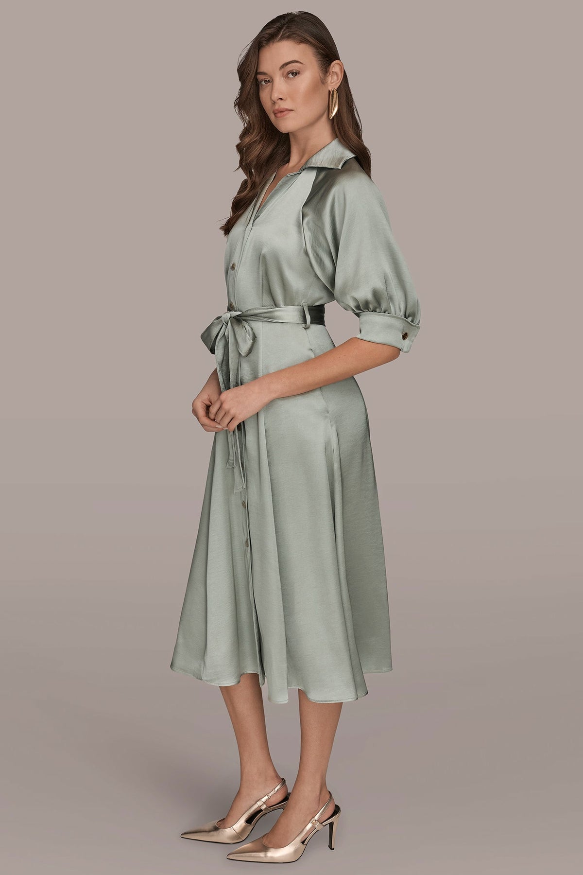 SATIN MIDI SHIRT DRESS - WEATHERED SAGE