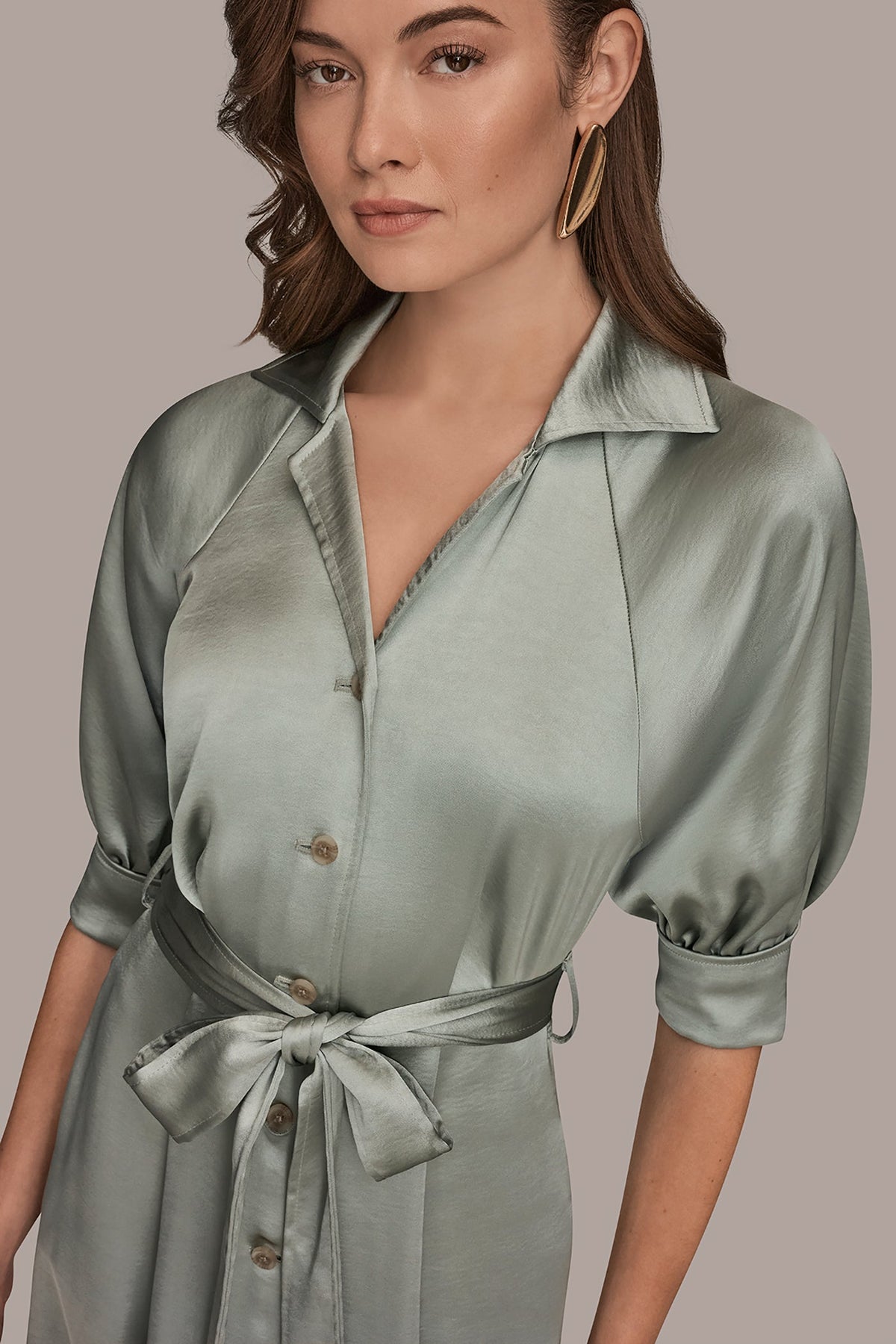 SATIN MIDI SHIRT DRESS - WEATHERED SAGE