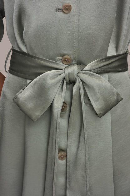 SATIN MIDI SHIRT DRESS - WEATHERED SAGE