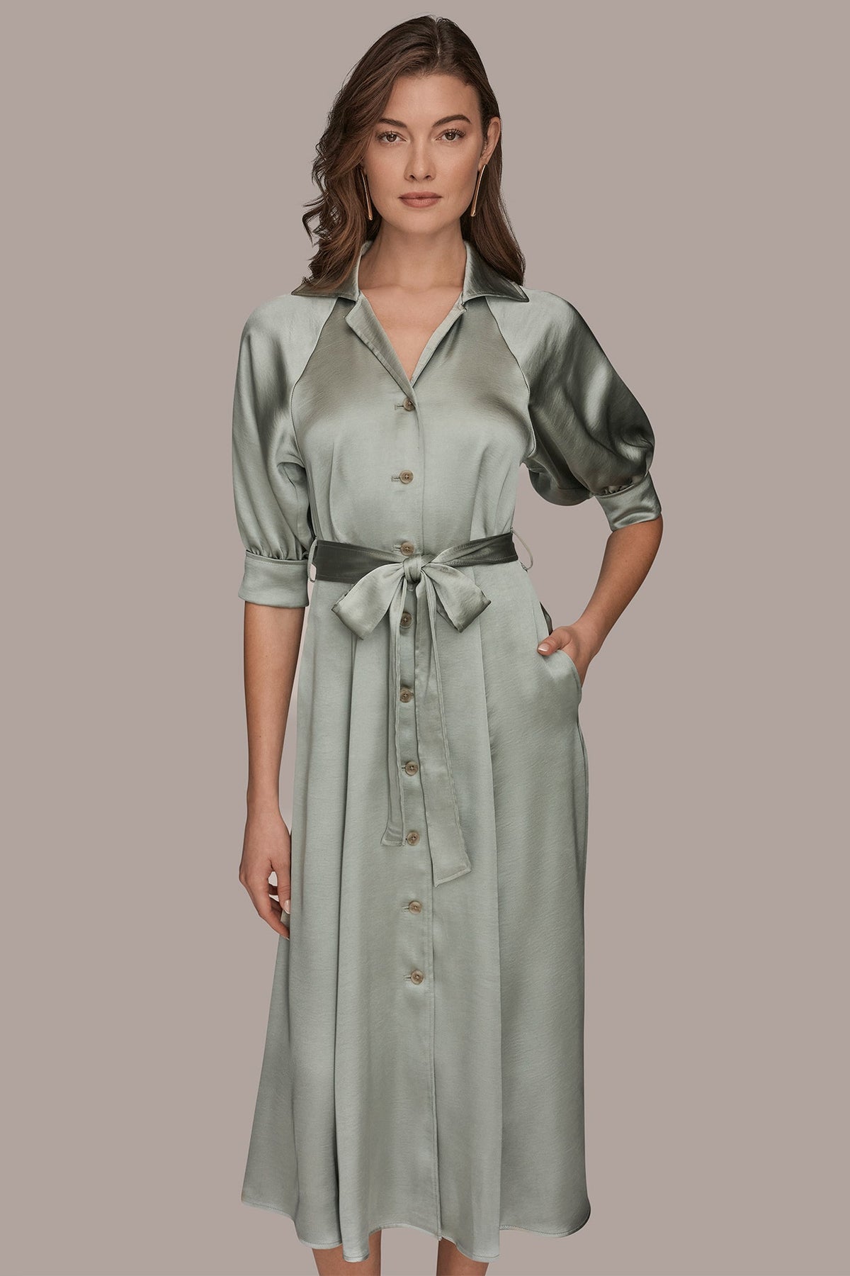SATIN MIDI SHIRT DRESS - WEATHERED SAGE