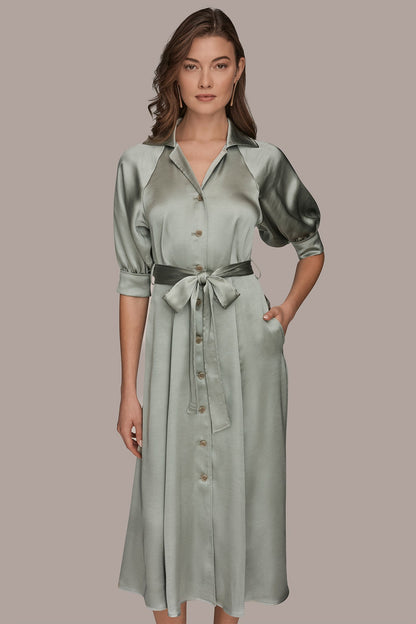 SATIN MIDI SHIRT DRESS - WEATHERED SAGE